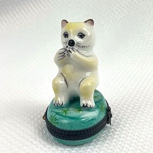 Limoges White Cat Eating Catnip - Porcelain Trinket Box.